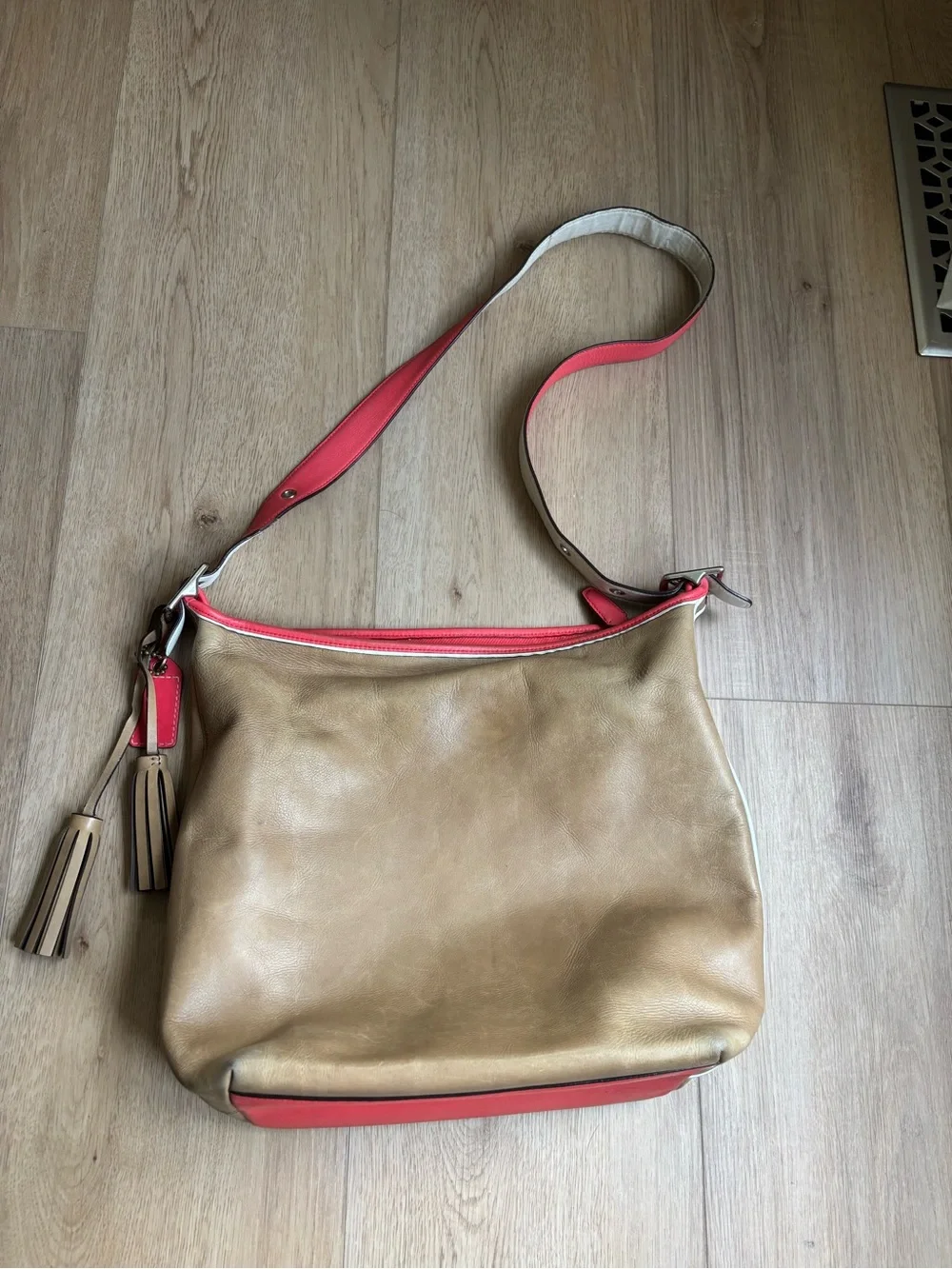 Coach Legacy Tan Leather Crossbody Bag with Coral Trim Purse